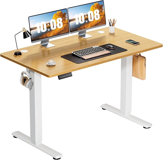 DUMOS 47 Inch Electric Standing Desk, Memory Adjustable Home Office Desk | Sit Stand Up Desk for Work Home Office,Adjustable Desk, Rising Computer Table with Splice Board,Cable Management,Hook,Oak
