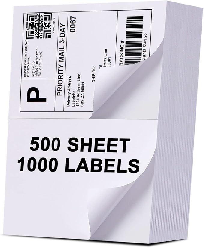 (1000 Labels/500 Sheets)Labelebal Half Sheet Self Adhesive Shipping Labels for Laser & Inkjet Printers, 8.5" x 5.5" Shipping Mailing Labels, 2 Per Page Shipping Labels, 5 1/2 x 8 1/2 Half Sheet Labels