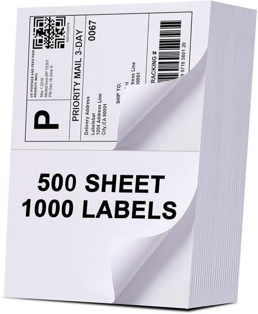 (1000 Labels/500 Sheets)Labelebal Half Sheet Self Adhesive Shipping Labels for Laser & Inkjet Printers, 8.5" x 5.5" Shipping Mailing Labels, 2 Per Page Shipping Labels, 5 1/2 x 8 1/2 Half Sheet Labels
