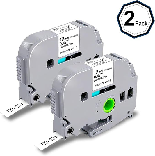 TZe-2312pk Laminated Label Tape 12mm 0.47 Black Ink on White Tape | TZ231 TZe-231 Compatible with Brother P-Touch Label Tape PTD210 PTH110 PTD220 PTD400 PTD600 PTH100 PT-P700 Label Maker