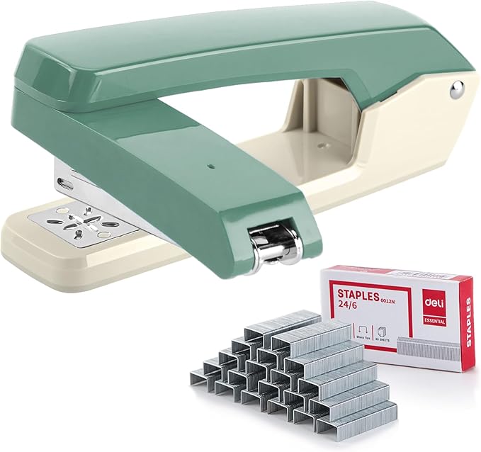 Deli/EZWORK Swing-Arm Swivel Stapler, 25 Sheets Capacity, 360 Degree Rotate Desk Staplers with 1000 Staples for Booklet or Book Binding, Green+White
