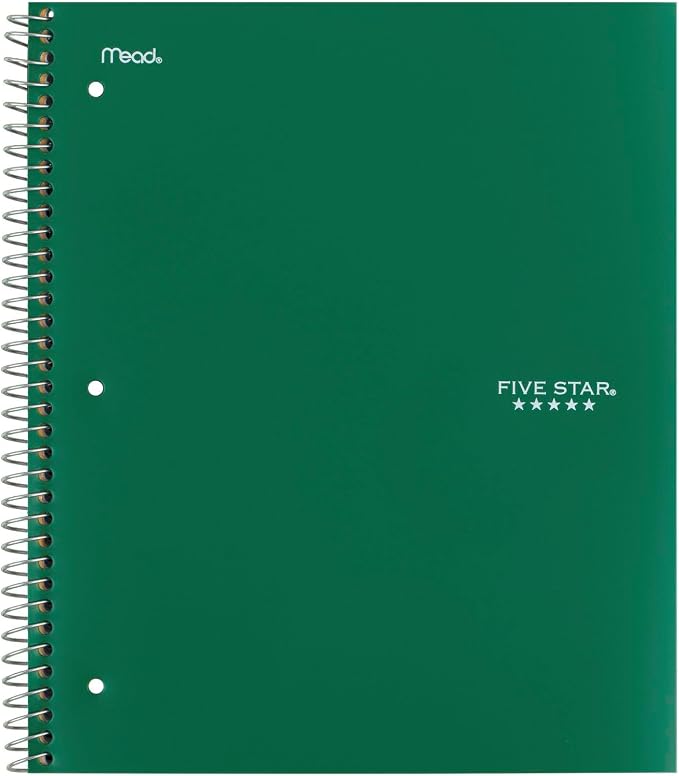Five Star Spiral Notebook + Study App, 5 Subject, College Ruled Paper, 8-1/2" x 11", 200 Sheets, Fights Ink Bleed, Water Resistant Cover, Forest Green (72079) (Pack of 6)