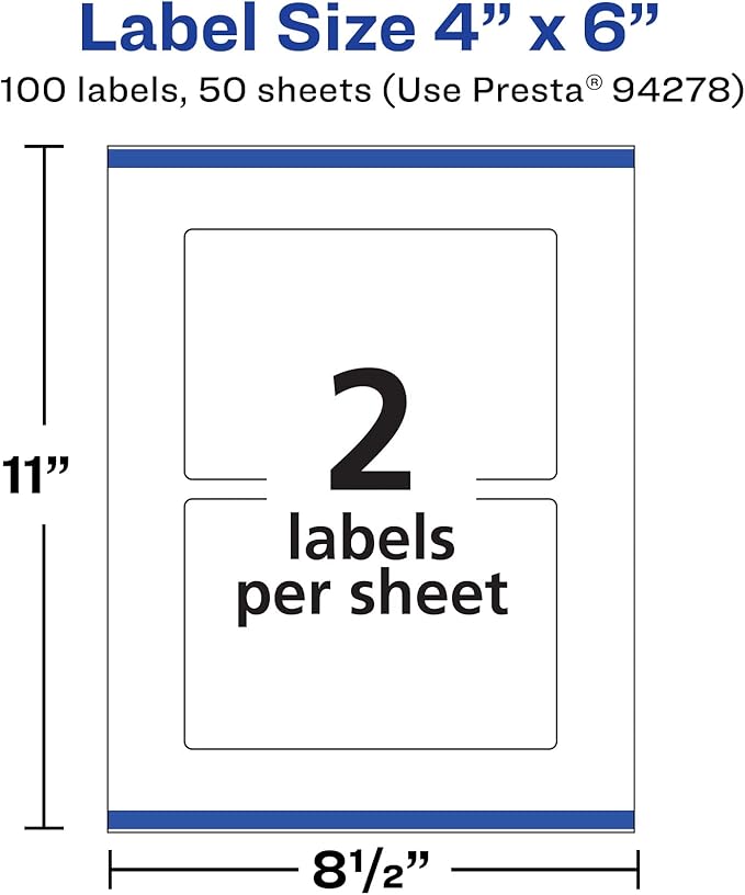 Avery Matte White Rectangle Labels, Sure Feed Technology, 4" x 6", 100 White Labels, Print-to-The-Edge, Permanent Adhesive, Laser/Inkjet Printable