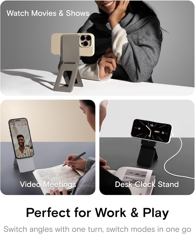 MOFT Phone Tripod Stand, Portable Selfie Stick for iPhone, Mulit-Angle | Pocket Size | Strong Magnets l MOVAS Leather | Magsafe Compatible | Easy to Charge | Stylish |For Content Creators
