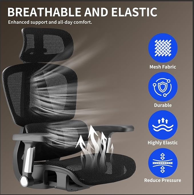 Mesh Office Chair, Ergonomic Office Chair, Home Office Desk Chairs with Headrest, 90-135° Tilt Lock and Breathable Backrest & Lumbar Support, 5D Armrest, Computer Chairs (Large Chair)