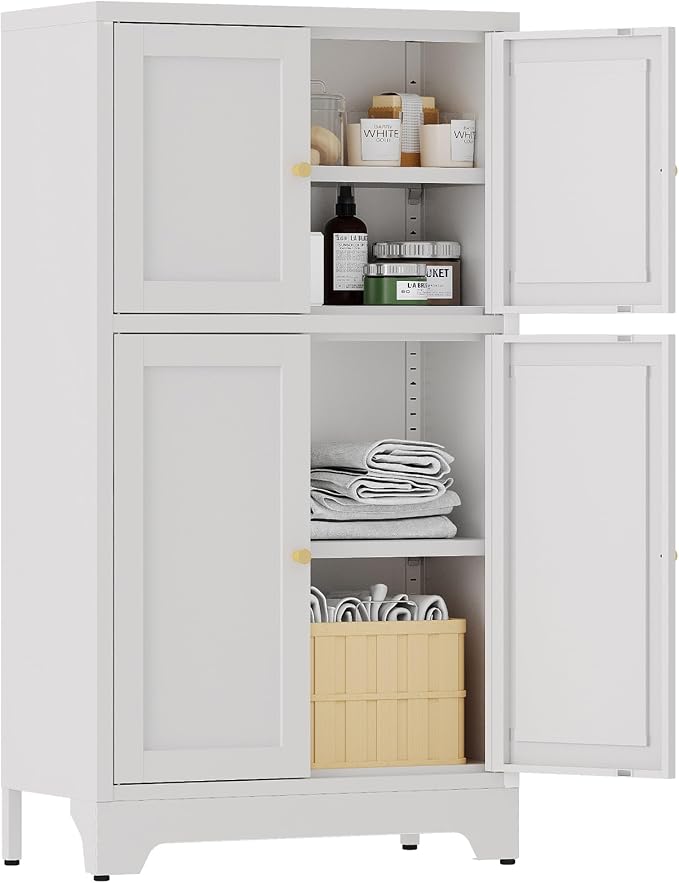 YAUWOH White Bathroom Floor Cabinet, Metal Storage Cabinet with 2 Adjustable Shelves & 4 Doors,Freestanding Sideboard for Dining Room,Living Room, Home Office