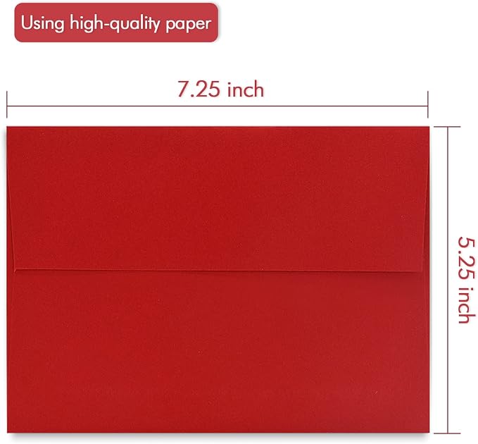 A7 Printable Red Envelopes 5X7 50 Pack - Quick Self Seal,for 5x7 Cards| Perfect for Weddings, Invitations, Photos, Graduation, Baby Shower| 5.25 x 7.25 inches，AZAZA