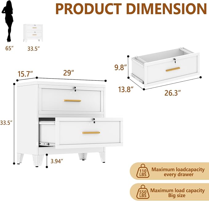 2 Drawer Metal File Cabinet with Lock,Lateral Filing Storage Cabinets,Steel Wide File Organization for Legal/Letter/A4/F4 Size with Hanging Files&Key,Lockable Printer Stand for Home Office, White