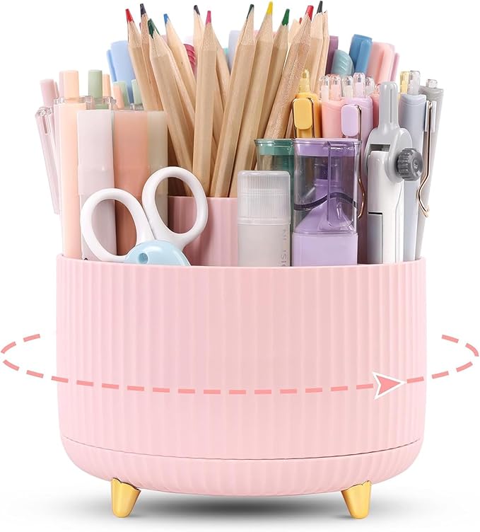 Pencil Pen Holder for Desk, 5 Slots 360 - Degree Rotating Desktop Organizer, Cute Desk Organizers and Accessories for School, Home, Office and Art Supply, Pink