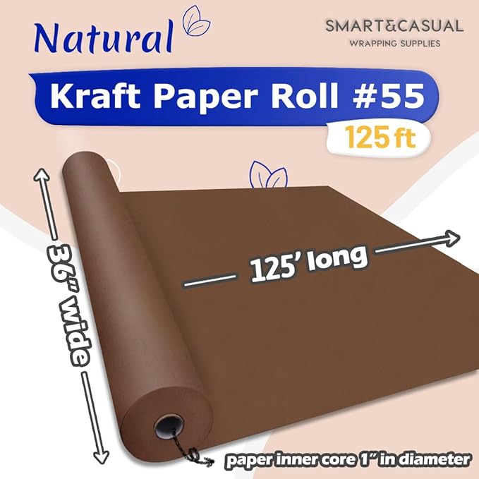 SMART&CASUAL 36" x 1,500" (125') Coffee Kraft Craft Paper Roll for Gift Wrapping Bulletin Board Bouquet Flower Kids Art Packing Parcel Table Covering 80GSM 55LB (Coffee, 36" x 125')