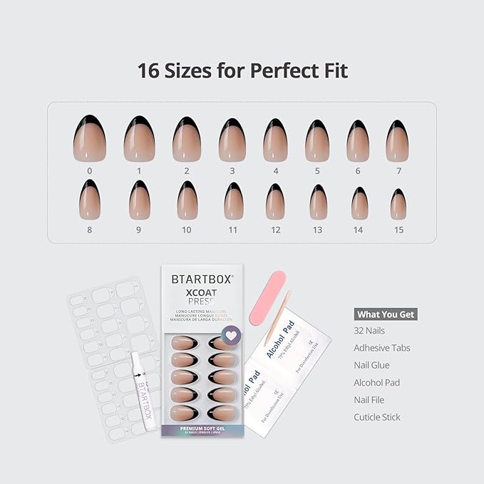 BTArtbox Press On Nails Short - Black French, Almond Press On Nails with Glue and Adhesive Tabs for Women in 16 Sizes - 32 Soft Gel Glue On Nails Kit