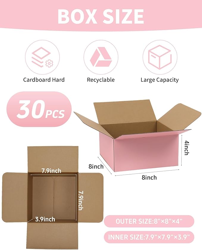 8x8x4 Inch Cute Pink Shipping Boxes, 30 Pack Corrugated Cardboard Box, Mailing Packaging Boxes for Small Business