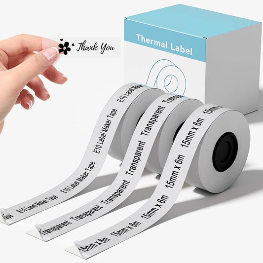 3 Rolls Compatible with SUPVAN E10 & E11 Label Maker Tape 15mm x 6m | Transparent,Continous,Replacement for SUPVAN E10 & E11,Cannot be used on Katasymbol app, please use SUPRINT app