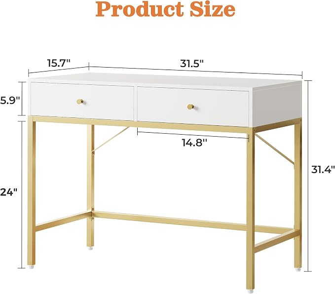 SUPERJARE 31.5" White and Gold Desk with 2 Drawers, Modern Vanity Desk | Small Makeup Table for Home Office Writing Study Bedroom