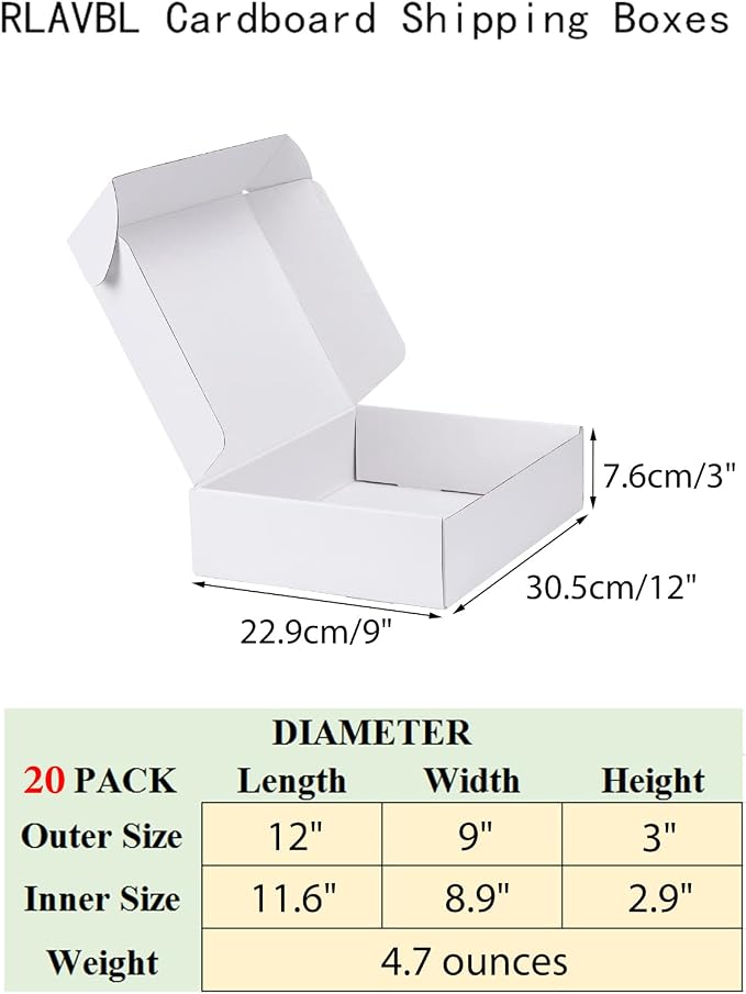 RLAVBL 12x9x3 Shipping Boxes Set of 20, White Corrugated Cardboard Box for Packing, Mailing, Business