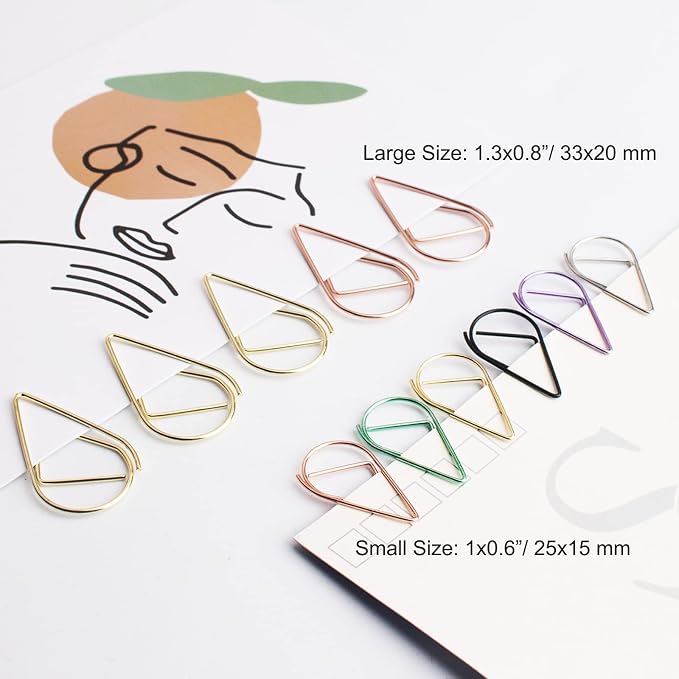 Multicolor Cute Paper Clips Assorted Sizes 300 Pack | Stainless Steel, Drop-Shaped, Large & Small, Colorful and Heavy Duty, Bookmark