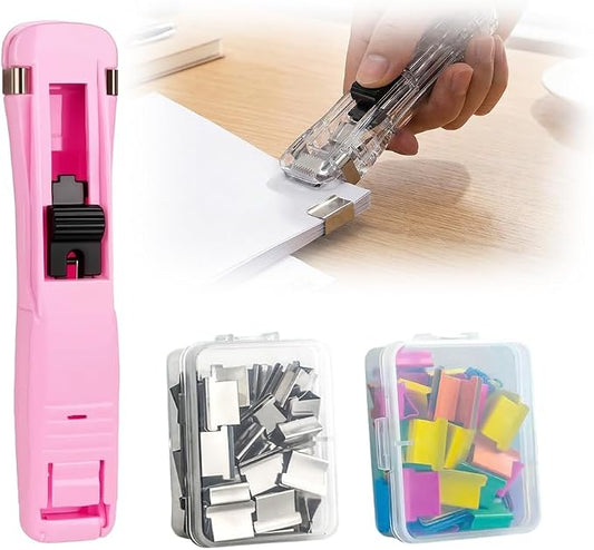 Portable Binder Clip Stapler, 2026 New Portable Office Tool, Durable Desk Organizer for Study Room, 100 Metal Refill Clips (50 Silver + 50 Color) for Home (1, Pink)