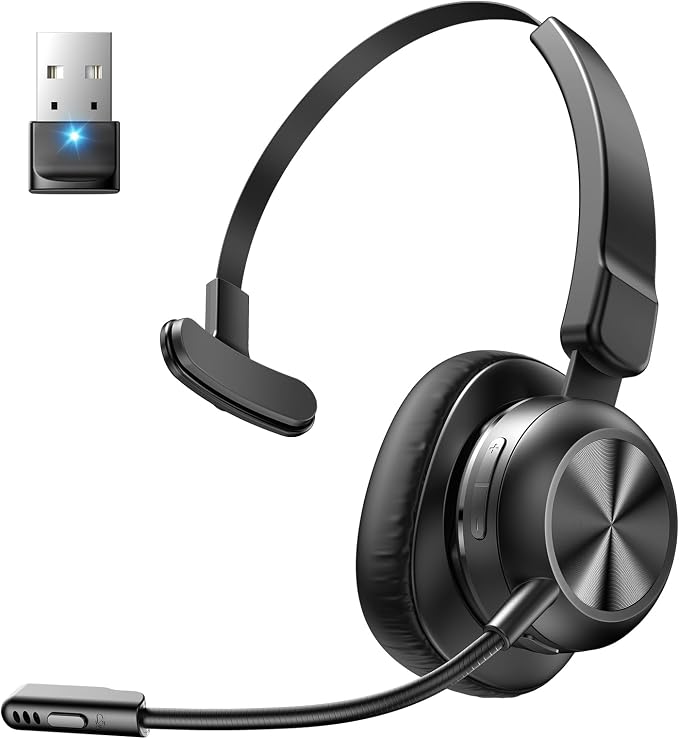 Trucker Bluetooth Headset, Wireless Headset with Microphone | USB Dongle, On Ear Bluetooth Headphones with AI Noise Cancelling 50H Playback Mute Button for Truck Driver Office Work, Black