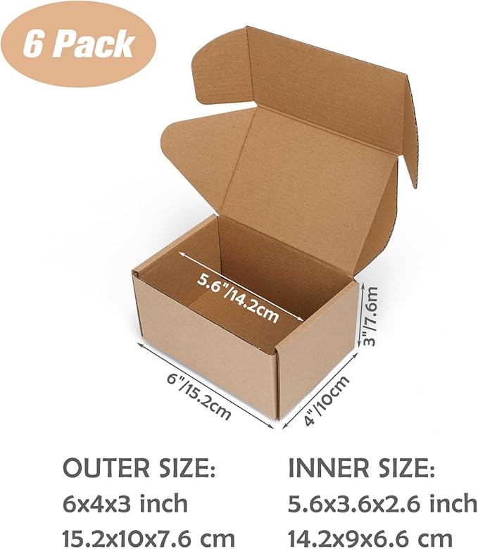 6x4x3 inch Shipping Boxes Set of 6 Brown, Inner Size 5.6x3.6x2.6 inch Cardboard Box Mailers for Small Business Packaging Mailing or Gift Wrapping Giving