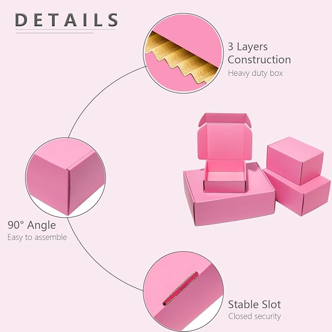 Timirog Pink Shipping Boxes 7x5x4 Inches 25 Pack Corrugated Cardboard | Mailing Box for Small Business, Cute Tab Locking Literature Mailer for Packing Jewelry Ornament Gift Craft Packaging Supplier