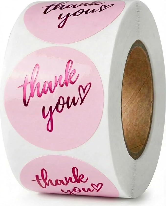 500 Pcs Thank You Stickers – 1.5” Pink Round Labels with Purple Hot Stamping Foil Script & Heart Design, Elegant Small Business Packaging Stickers for Bags, Boxes, Envelopes & Party Favors