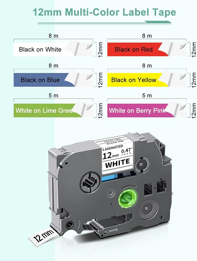 6-Pack Tze 12mm 0.47" Multi-Color Compatible for Brother 12mm Label Tape | Tze431 Tze531 Tze631 Tze MQG35 MQP35 P Touch Tz Tape 12mm 0.47" Laminated White for PT1750 PTD220 PTD210 PTD400 PTD610BT