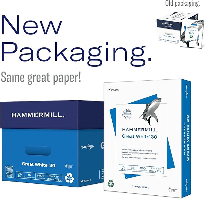 Hammermill 86700 Great White Recycled Copy Paper, 92 Brightness, 20lb, 8-1/2 x 11, 5000 Shts/Ctn