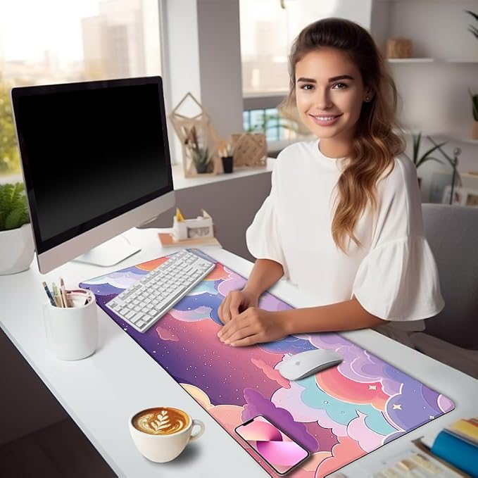 LIMKRIAN Purple Cloud Mouse Pad Kawaii Large Desk Mat, 31.5x11.8 in | Stitched Edges, Non-Slip, Mouse Pads for Gaming Computer Laptop, Desk Matt for Desktop, Cute Office Desk Accessories