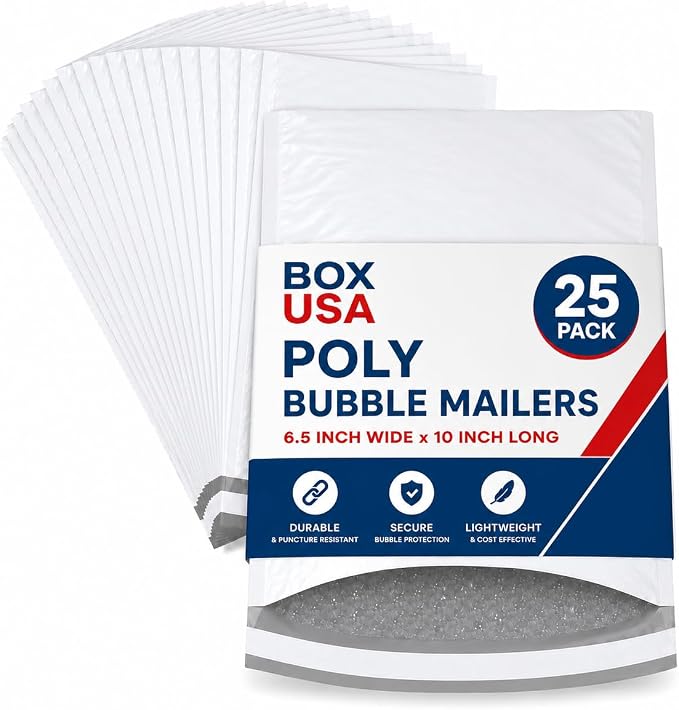 BOX USA Bubble Mailers 6-1/2" x 10" White (25-Pack) – Self-Seal Padded Envelopes with Bubble Lining, Poly Bubble Mailer Shipping Bags for Small Business, Ecommerce & Fulfillment Packaging