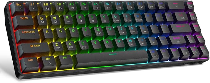 DIERYA DK68 60% Wireless Mechanical Gaming Keyboard, 3-Mode, Bluetooth 5.0/2.4G/USB-C, RGB Backlit, 68-Key Compact Mini for Windows, Mac, Linux - Linear Red Switch - Black