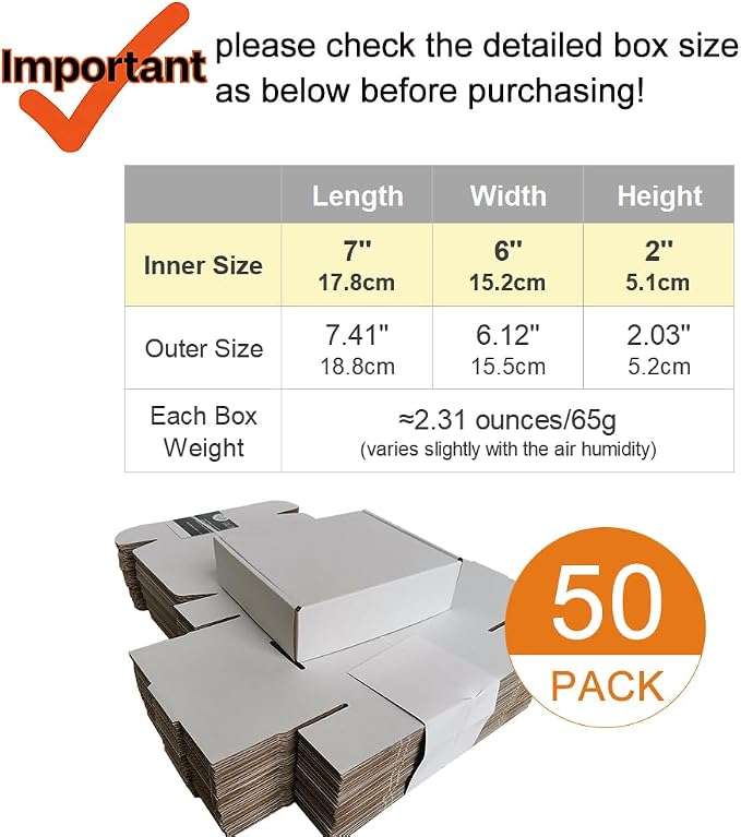 50 Pack 7x6x2'' Small Shipping Boxes, Corrugated Cardboard Mailers for Business, White (CM762)