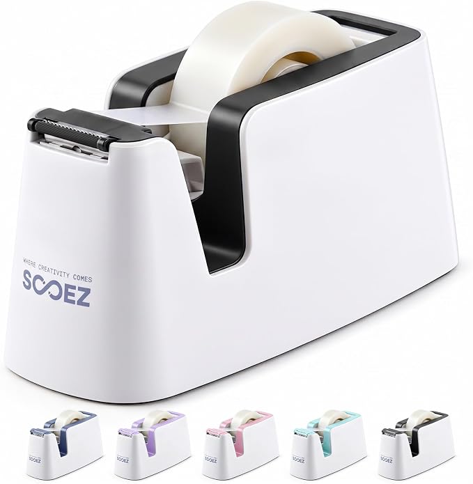 Sooez Aesthetic Tape Dispenser, Tape Holder Cutter, Everyday Desktop Use | One-Handed Use, One-Piece Core and Holder, Hidden Blade, Weighted Base, Non-Slip Pads, Fits 0.75" Tape, Office School Home