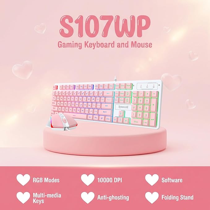Redragon Updated S107WP Gaming Keyboard and Mouse, RGB Gaming Keyboard and 10000 DPI Mouse Combo with 25-Key Anti-Ghosting, 1K Hz Programmable Mice with Software, Plug & Play to PC, Laptop - Pink