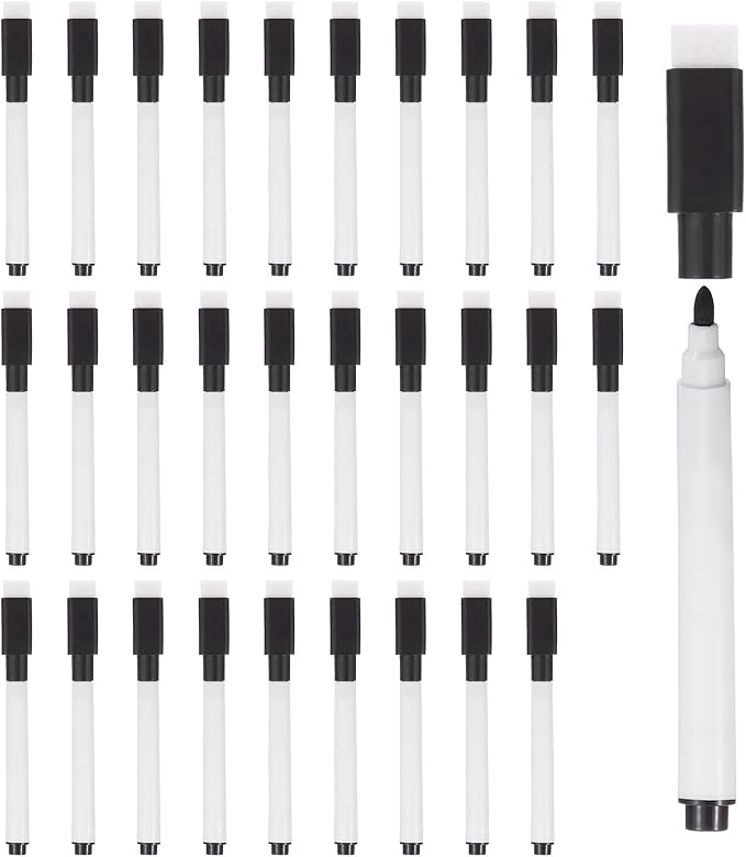 PATIKIL Dry Erase Marker Pens Black Ink Point with Eraser Cap 30Pcs | Marker Pens with Eraser Cap for Office Home Classroom, White Pen Rod