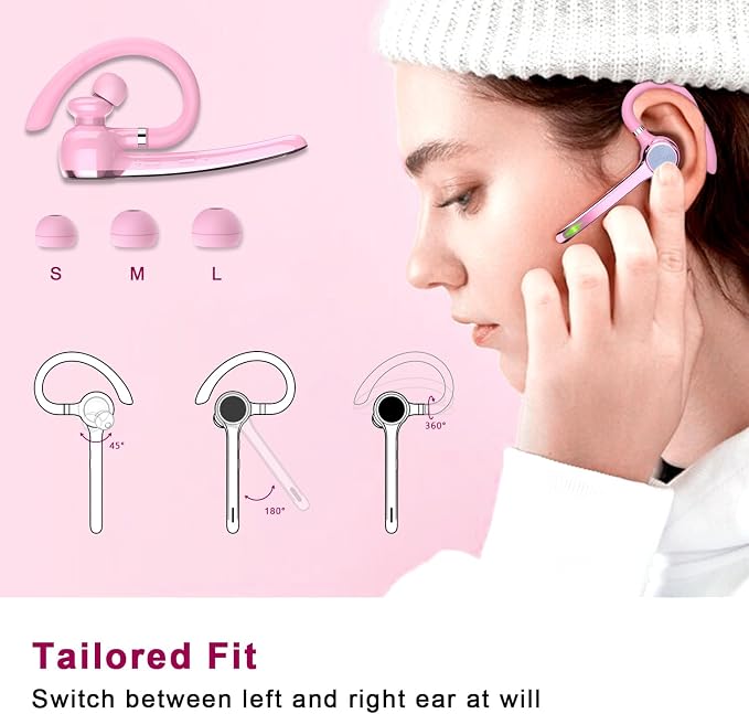 HEIBAS Bluetooth Headset, Wireless Earpiece with Mic for Work | 72H Playtime, 500mAh Charging Case, Hands-Free Calling with Mute Button for Work, Trucker, Office, Driving, iPhone, Pink