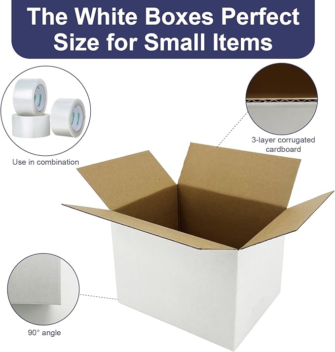 40 Pack 8x6x6 Inches Small Shipping Boxes, White Corrugated Cardboard Box for Packaging Small Business, Mailing and Moving