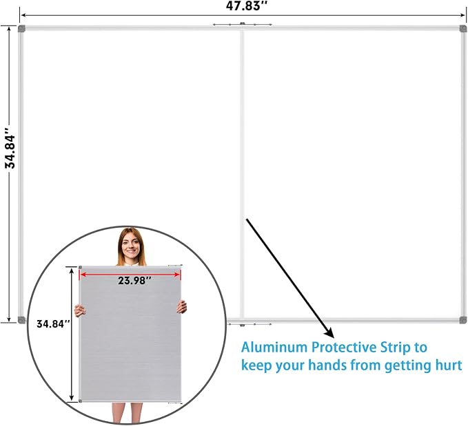 Magnetic Foldable White Board 48 x 36 Inches, Dry Erase Whiteboard, Silver Aluminum Frame with 2 Detachable Marker Tray Wall Mounted Board for Office Home and School