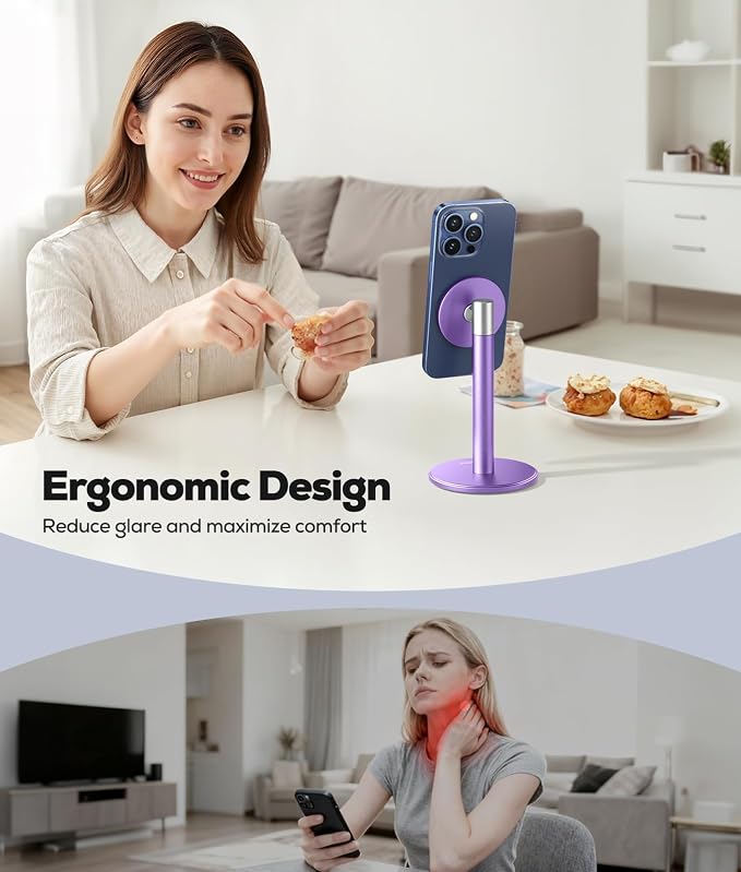 Nulaxy Magnetic Full Aluminum Cell Phone Stand with 360 Rotating, Purple | Stable Base, Includes Metal Ring, Works with Thick Cases, Hands-Free, Office Accessories, Compatible with All Phones