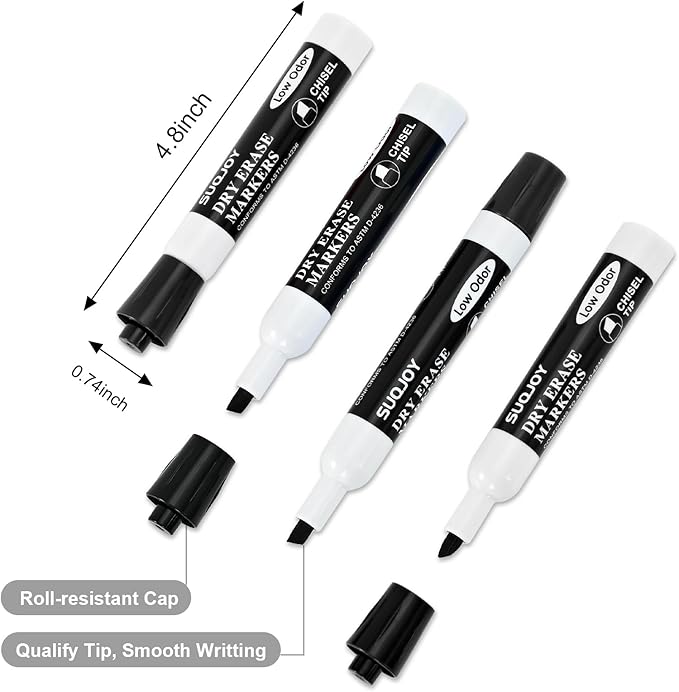 Dry Erase Markers, Chisel Tip Whiteboard Marker, Low Odor Thick Dry Markers, 12 Bulk Black Color Markers for office.