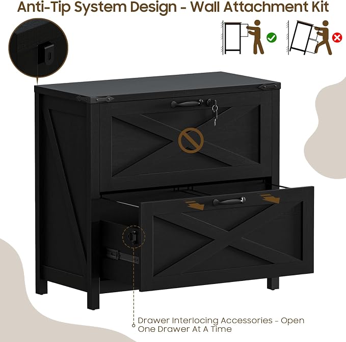 Halitaa Farmhouse Lateral File Cabinet with 2 Drawers, Rustic Black | Lateral Filing Cabinet with Lock for Letter/A4/Legal Size, Large Wood File Storage Cabinet Printer Stand for Home Office