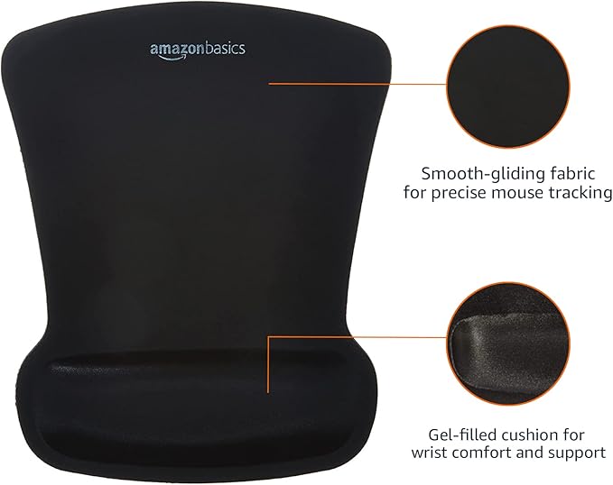 Amazon Basics Irregular Ergonomic Gel Computer Mouse Pad with Wrist Support for Pain Relief, Non-Slip, 10.1L x 8.1W inches, Black