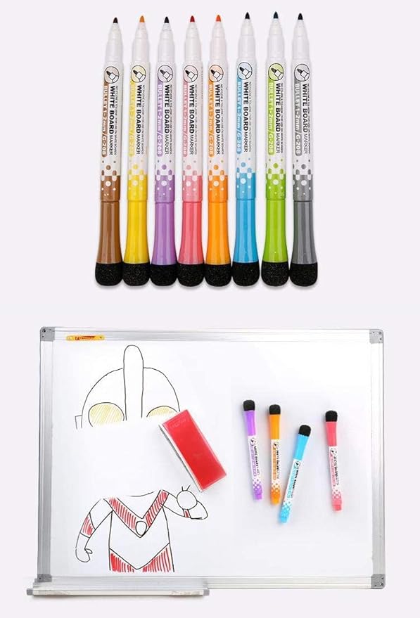 YES4QUALITY Dry Erase Markers for Whiteboard w/Eraser Caps (8 Pack), Magnetic White Board Marker Set for Kids, Ultra-Fine Tip, Assorted Colors & Low-Odor, Use for Office, Classroom & Home