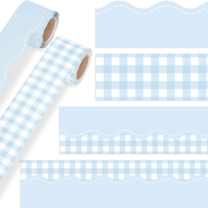 2 Rolls 65.6ft Marcaron Blue Gingham Bulletin Board Borders Decoration Blue Checkered and Straight Edge Bulletin Borders Board Trim for Office School Classroom Chalkboard Party Decoration
