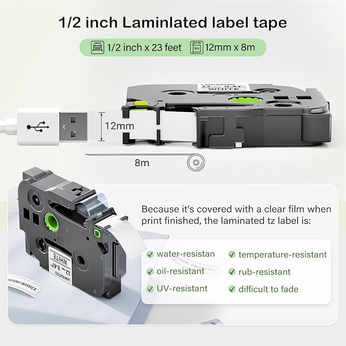 12mm 0.47” Laminated TZe-231 White TZ Tape Compatible with Brother P Touch Label Maker Tape for PT-D210 D220 H111, TZE231 1/2" x 26.2’, Black on White, 6-Pack