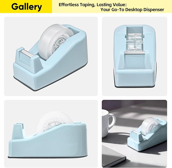 2-Pack Compact Office Tape Dispenser w/ 5 Rolls of 1" Tape, Blue | Standard 1-Inch Core Clear Tape Roll Holder, Small & Lightweight, Smooth Cut Blade, Rubber Base, Aesthetic Desktop Supplies