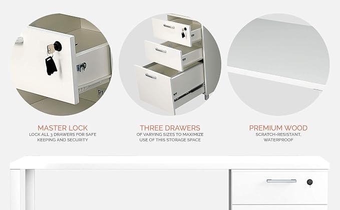 Modern Designs Milano Office Desk with 3 Locking Drawers, 48 Inch White Industrial Wood Desk with Filing Drawer and Storage, by Crafts and Comfort