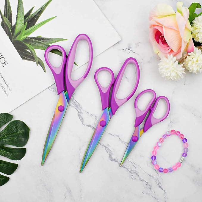 Craft Stainless Steel Titanium Coating Scissors Set of 3 - Multipurpose Fabric Scissors, Soft Grip Handle, Sharp Titanium Blades - Great for Office, Home, School (Purple)