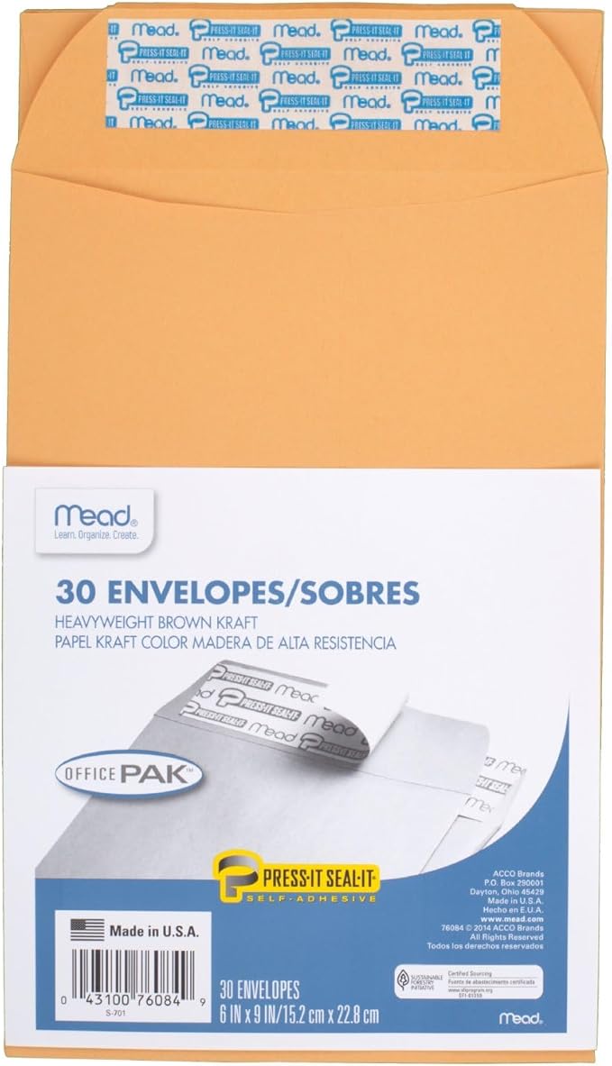 Mead Envelopes, Letter Size, 6" x 9", Press-It Seal-It Self Adhesive Closure, Brown Kraft All-Purpose 24-lb Paper Mailing Envelopes, 30 Count (76084)