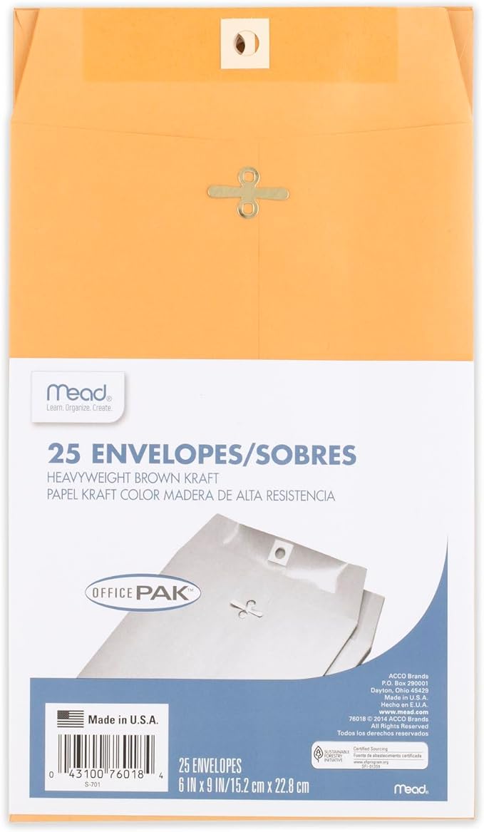 Mead Envelopes, 6" x 9", Clasp Closure, Brown Kraft All-Purpose 24-lb Paper Mailing Envelopes, 25 Count (76018)
