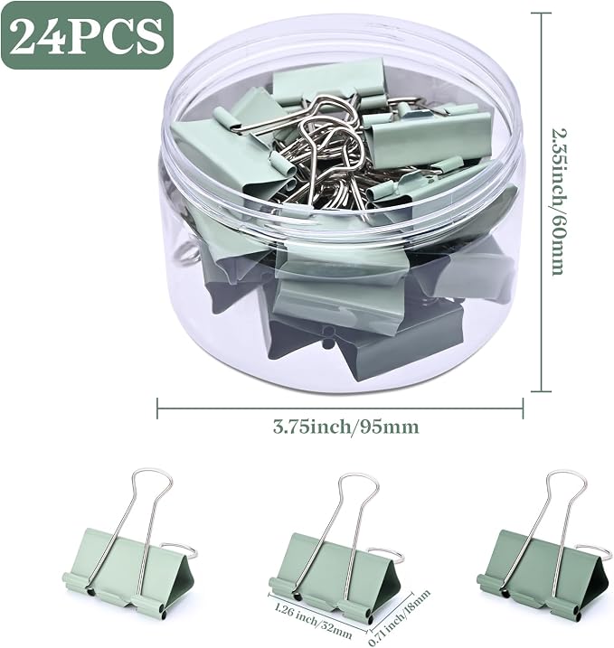Temiary Binder Clips, Medium Metal Binder Paper Clip Green 1.26Inch, 24 Pcs | Colored Binding Paperwork Clamp Bulk for Office, Home, School